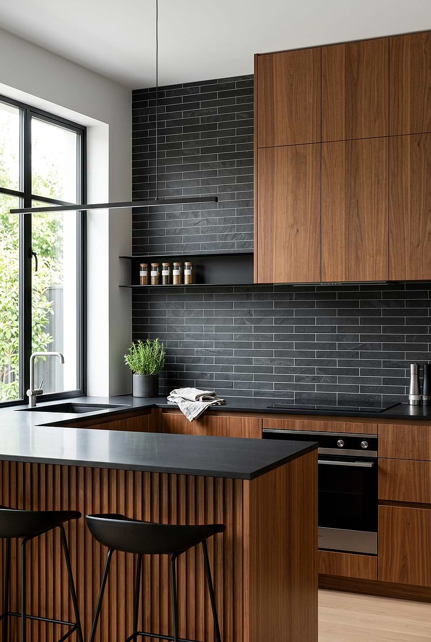 Small Kitchen Peninsula Ideas Black Slate Subway Tile BA1045