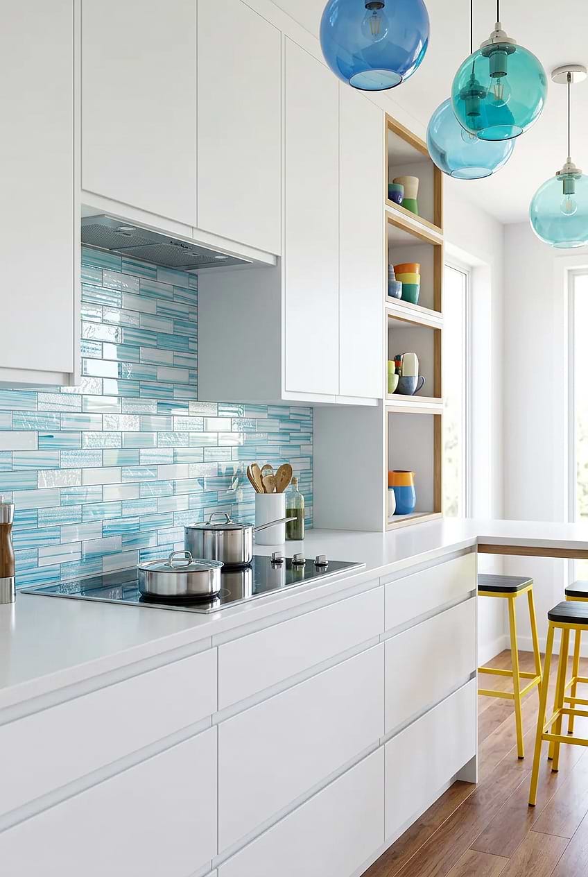 Small Kitchen Peninsula Ideas Ocean Blue Glass Backsplash BA5563