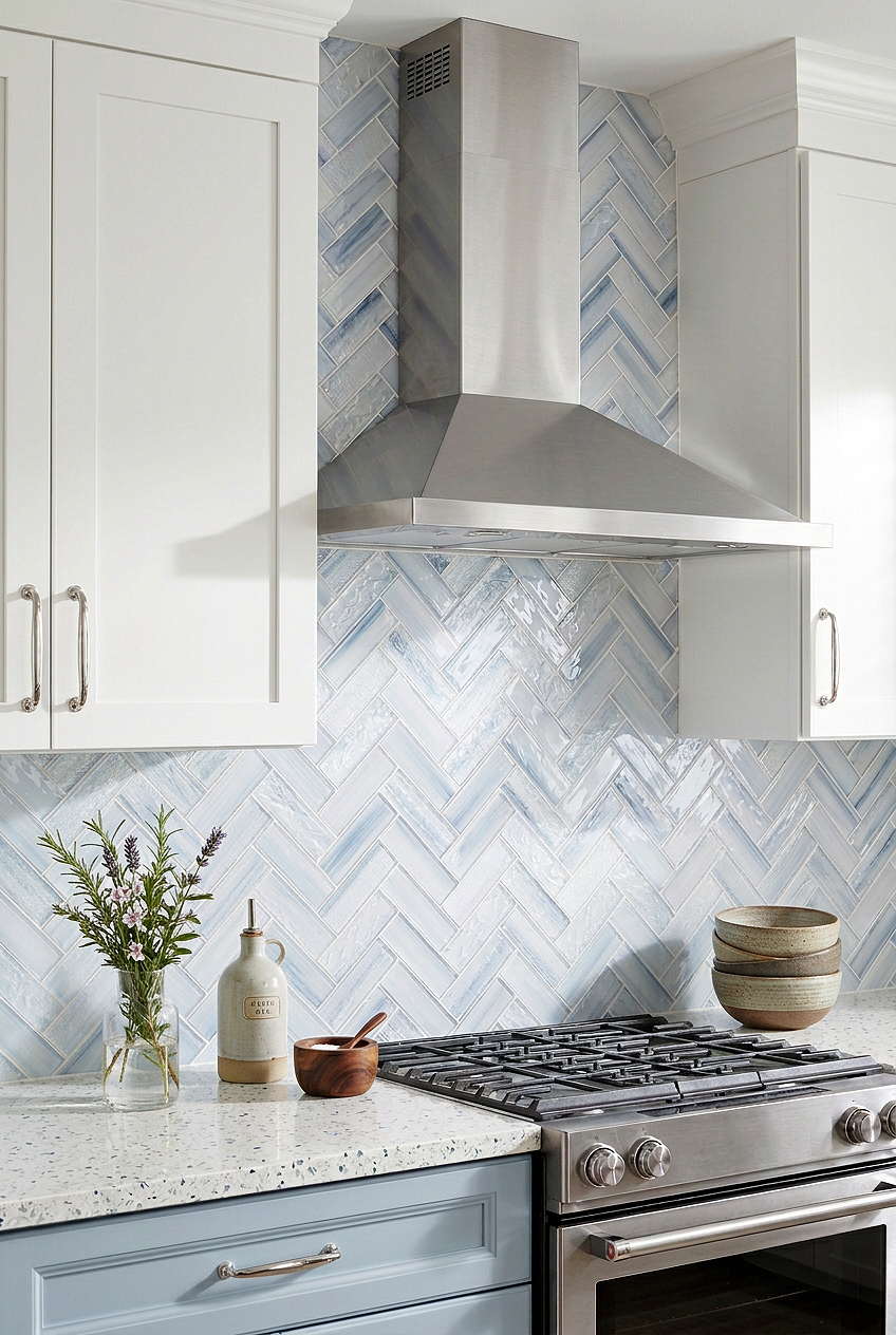 Steel Range Hood with Ocean Blue Textured Glass Herringbone Tile BA5507 LOT C