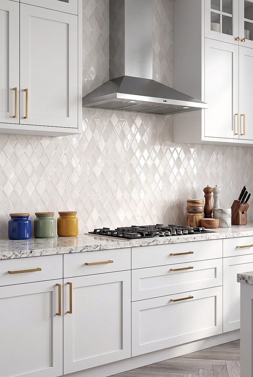 Steel Range Hood with White Shell Glass Marble Rhomboid Tile BA62046