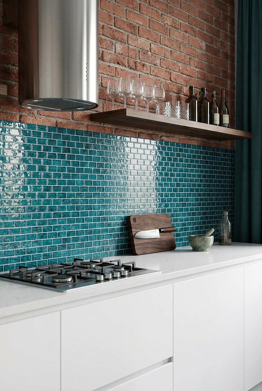 Teal Blue Glass Brick Pattern Kitchen Backsplash BA5517