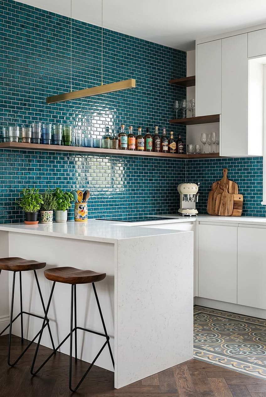 Teal Blue Glass Modern Kitchen Backsplash BA5517