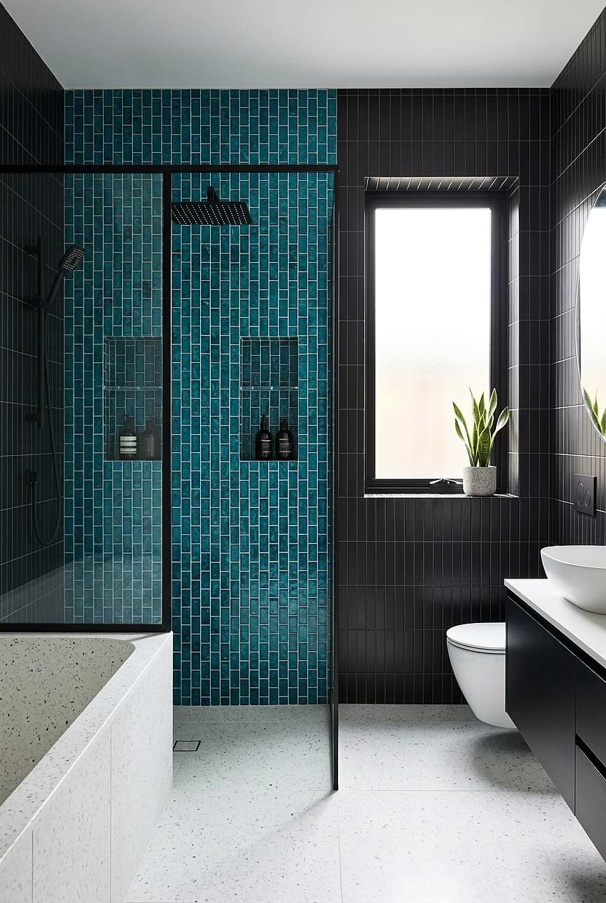 Teal Blue Glass Mosaic Shower Wall BA5517