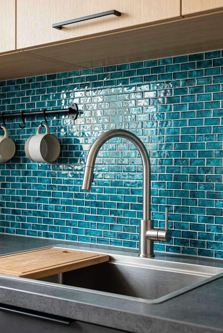 Teal Glass Mosaic Tile with Wood Cabinets BA5517