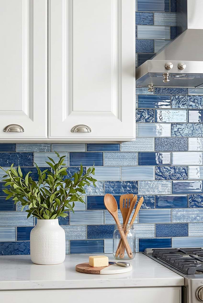 Textured Pacific Blue Glass Backsplash BA5530