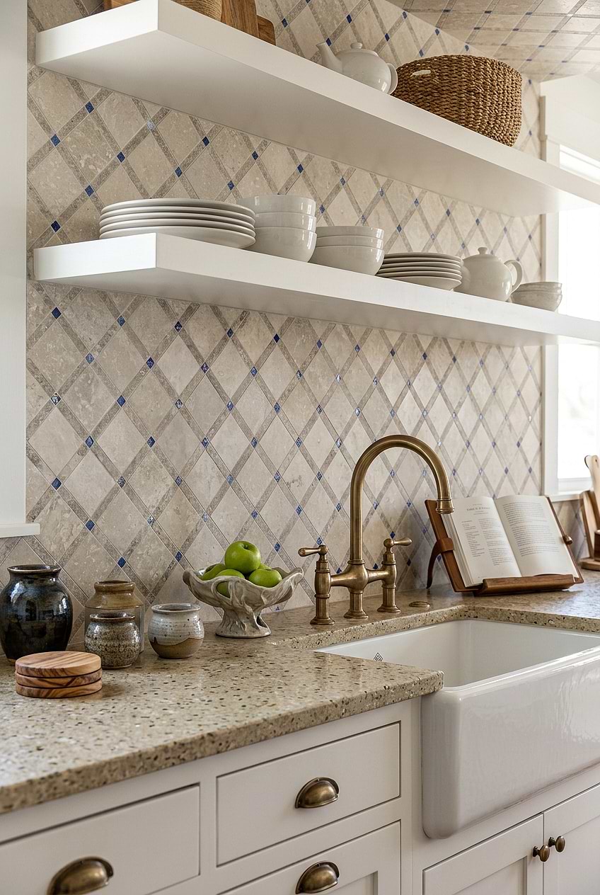 Travertine Blue Glass Diamond Kitchen Tile BA1029