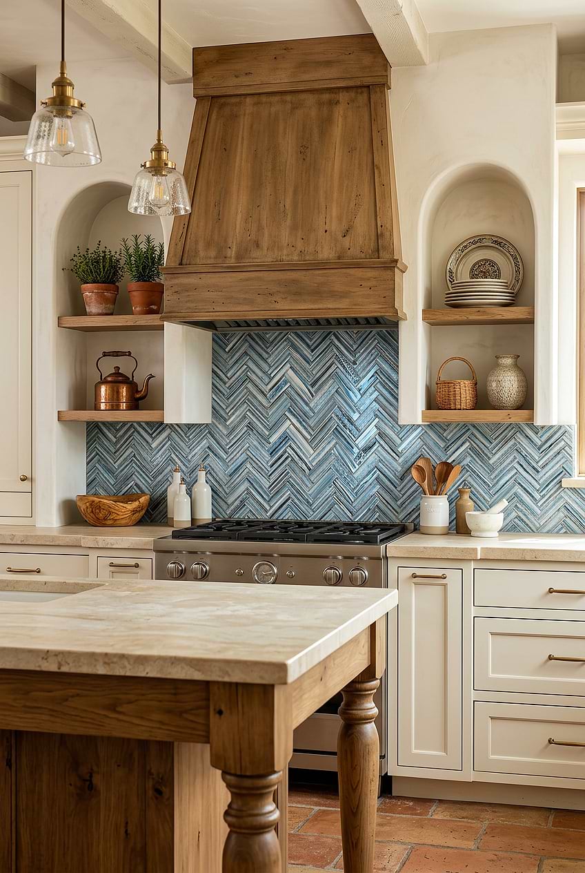 Tuscan Kitchen Ideas Arctic Blue Glass Herringbone Tile BA5525