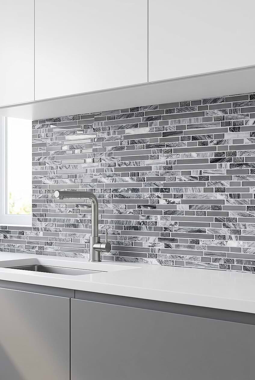 Two Tone Cabinets Gray Marble Glass Linear Mosaic Tile BA1037