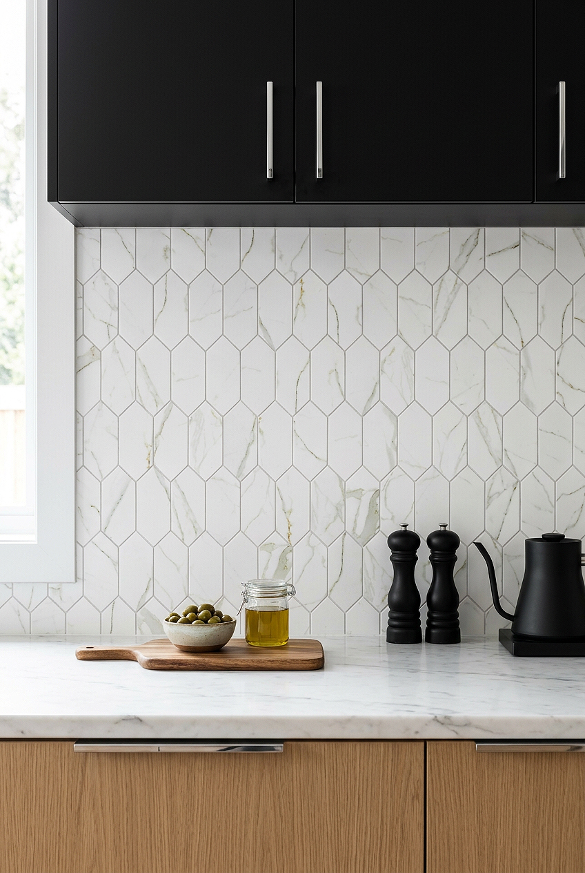 Two Tone Cabinets with White Gold Marble Look Glass Hexagon Tile BA6702