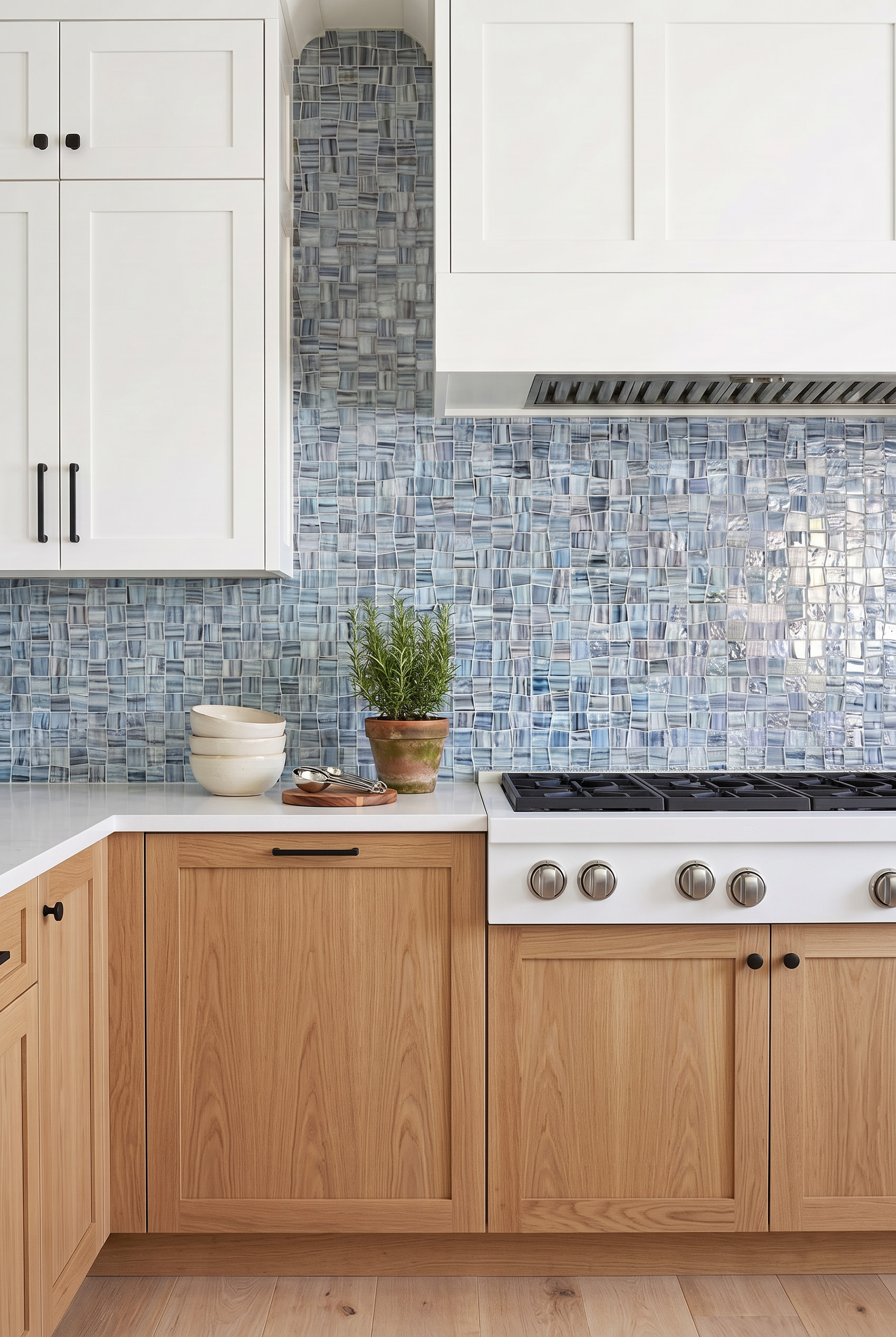 Two Tone Kitchen Cabinets Blue Glass Mosaic Tile BA5515