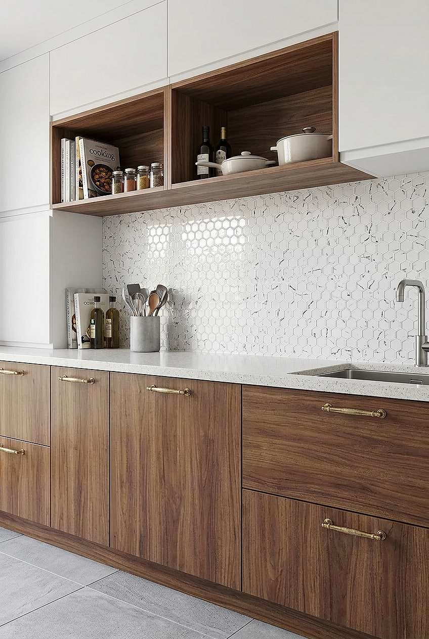 Two Tone Kitchen Cabinets White Hexagon Mosaic Tile BA5509
