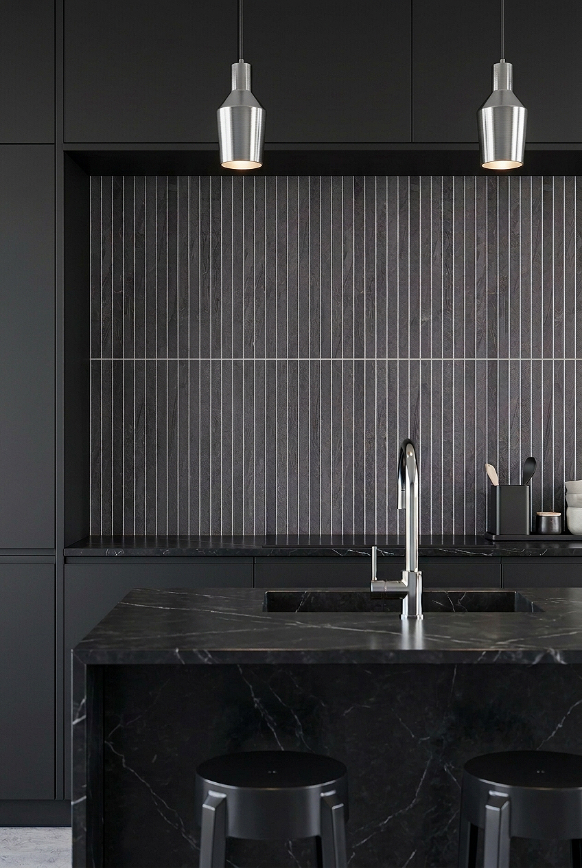 Vertical Black Slate Mosaic Kitchen Backsplash BA1081