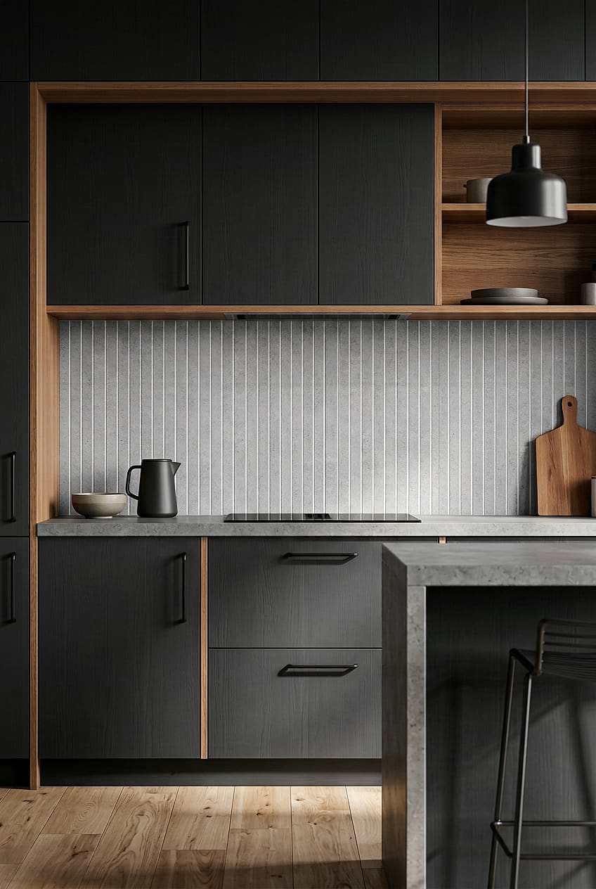Vertical Gray Porcelain Backsplash Black Cabinets BA4503