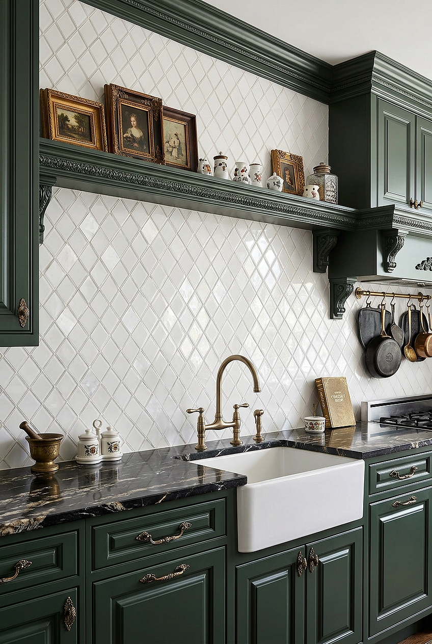 Victorian Kitchen Ideas with White Glass Shell Diamond Tile BA6706 Victorian Kitchen Ideas with White Glass Shell Diamond Tile BA6706
