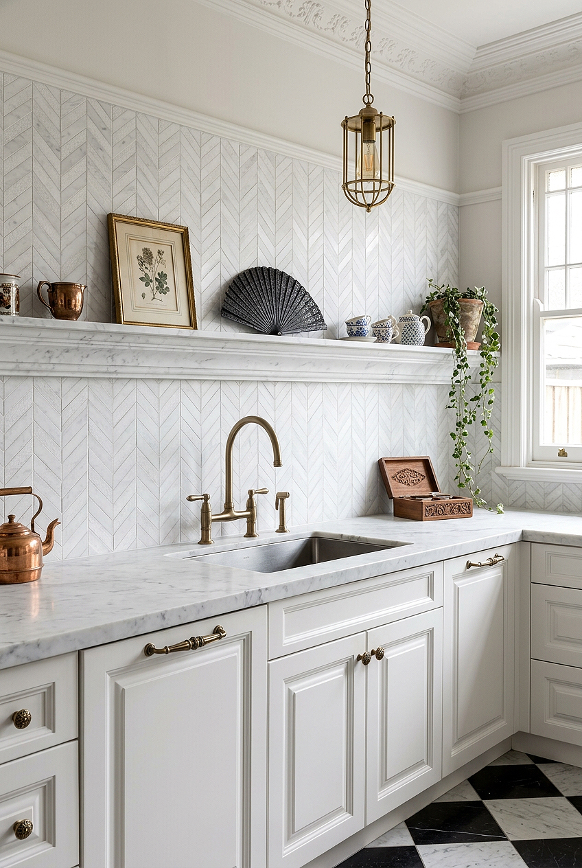 Victorian Kitchen White Textured Marble Chevron Tile BA631613 Victorian Kitchen White Textured Marble Chevron Tile BA631613