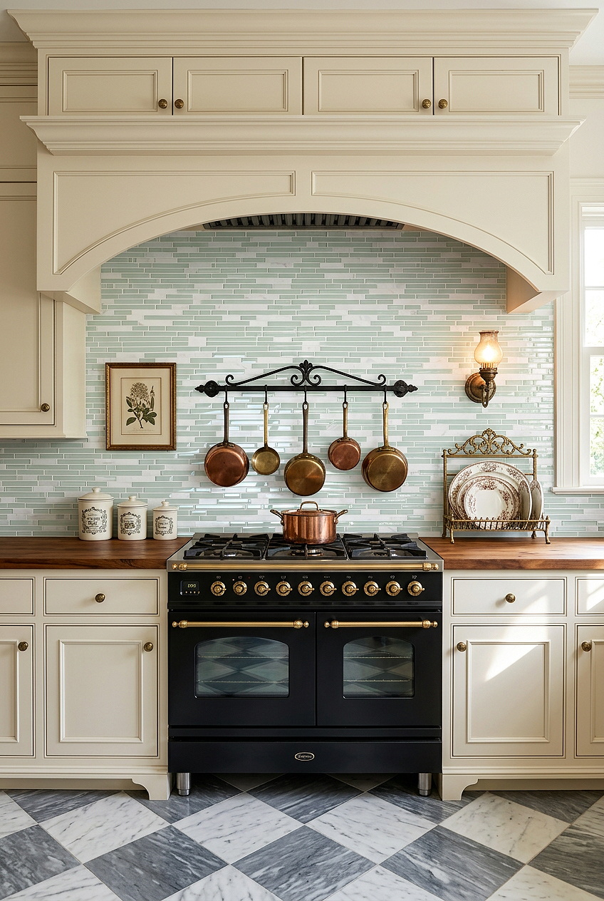 Victorian Kitchen with Sea Green Glass Marble Linear Tile BA1205 Victorian Kitchen with Sea Green Glass Marble Linear Tile BA1205
