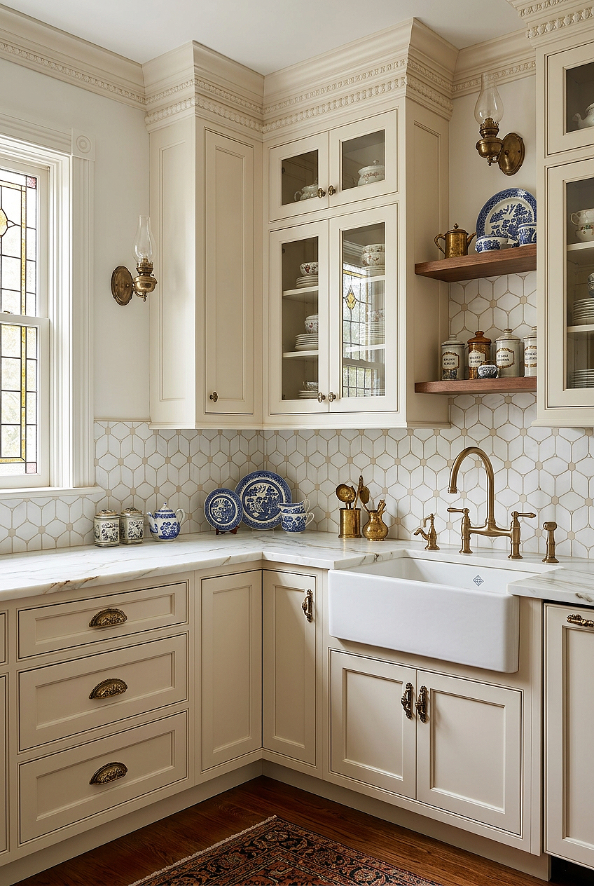 Victorian Kitchen with White Beige Marble Geometric Tile BA6310 Victorian Kitchen with White Beige Marble Geometric Tile BA6310