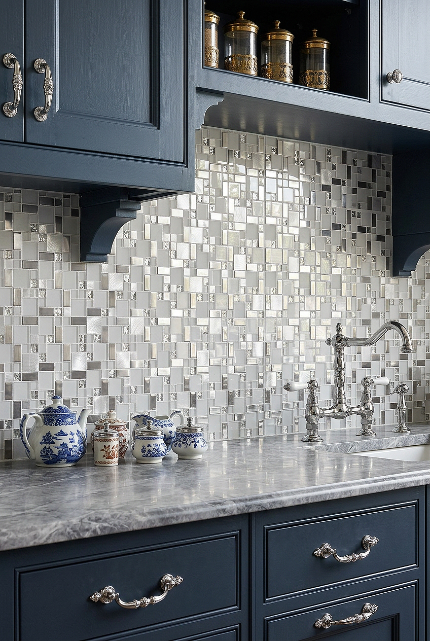 Victorian Kitchen with White Glass Metal Geometric Mosaic Tile BA1138 Victorian Kitchen with White Glass Metal Geometric Mosaic Tile BA1138