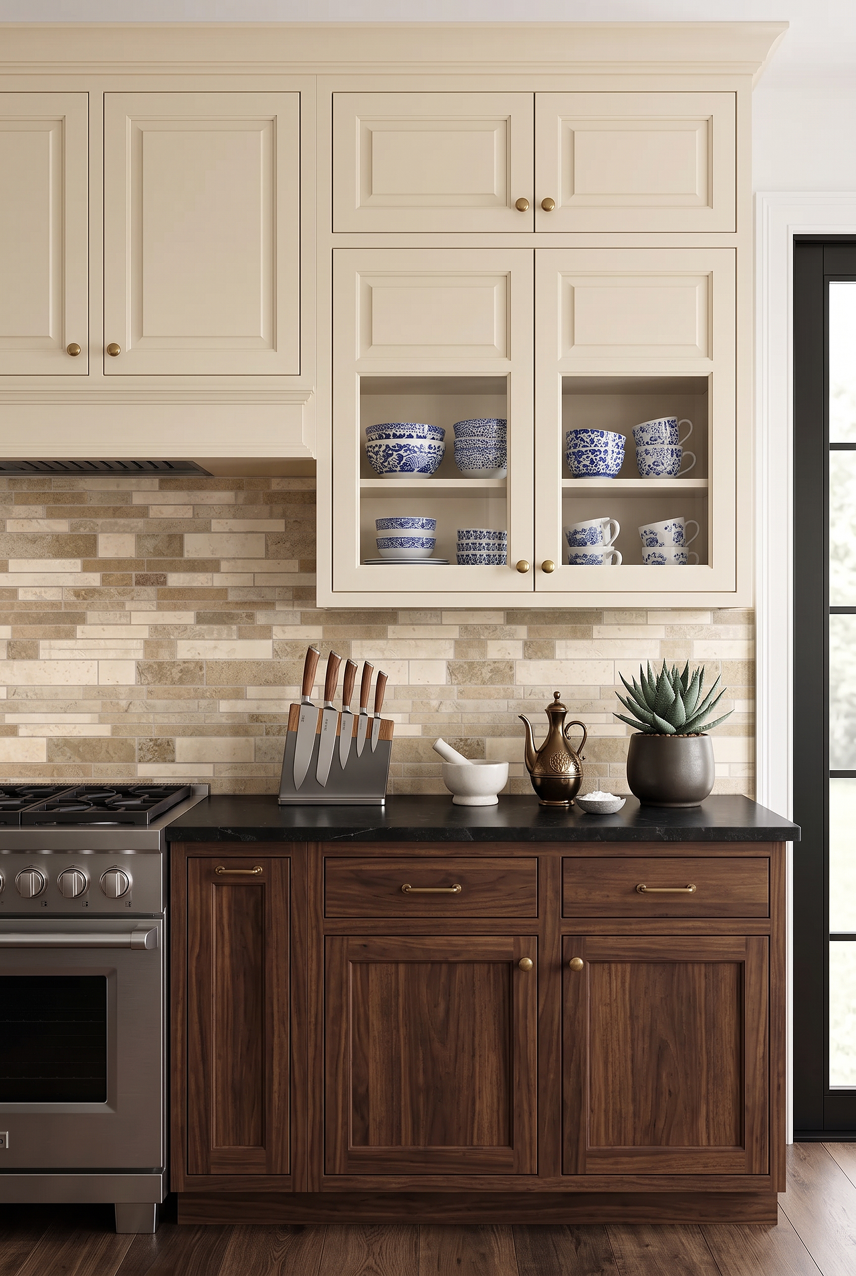 Walnut Cabinets Beige Travertine Subway Backsplash Tile BA1024 Walnut Cabinets Beige Travertine Subway Backsplash Tile BA1024
