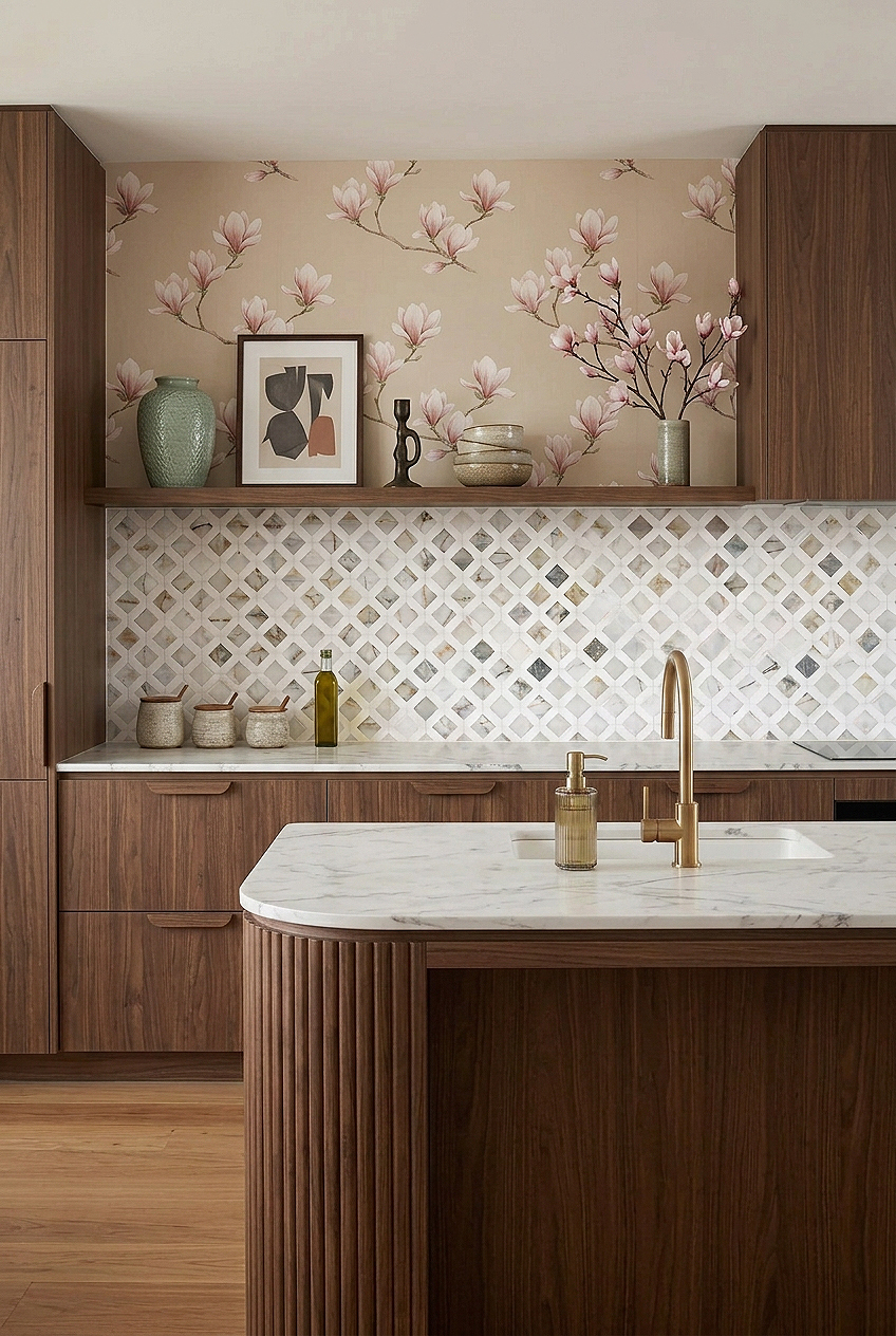 Walnut Cabinets with Multicolor Marble Diamond Mosaic Tile BA6313