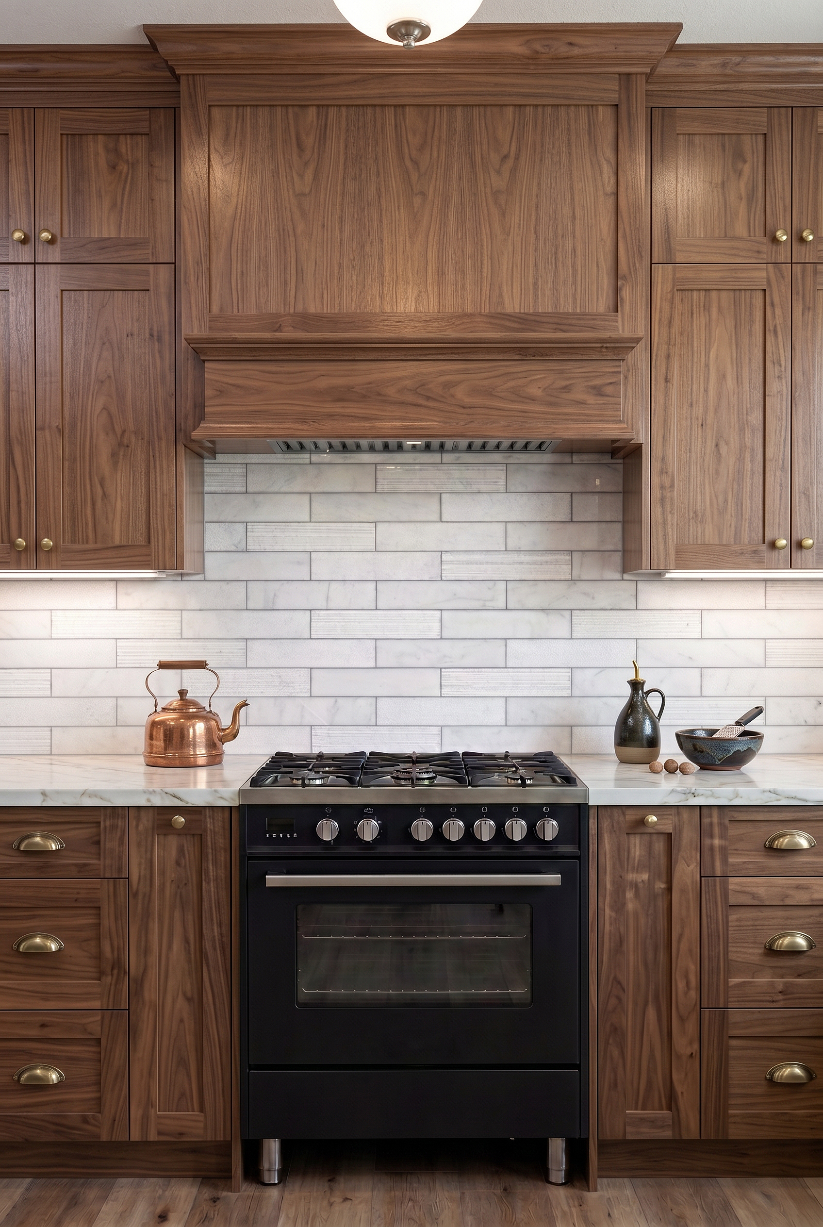 Walnut Kitchen Cabinets with Large White Marble Subway Tile BA8035