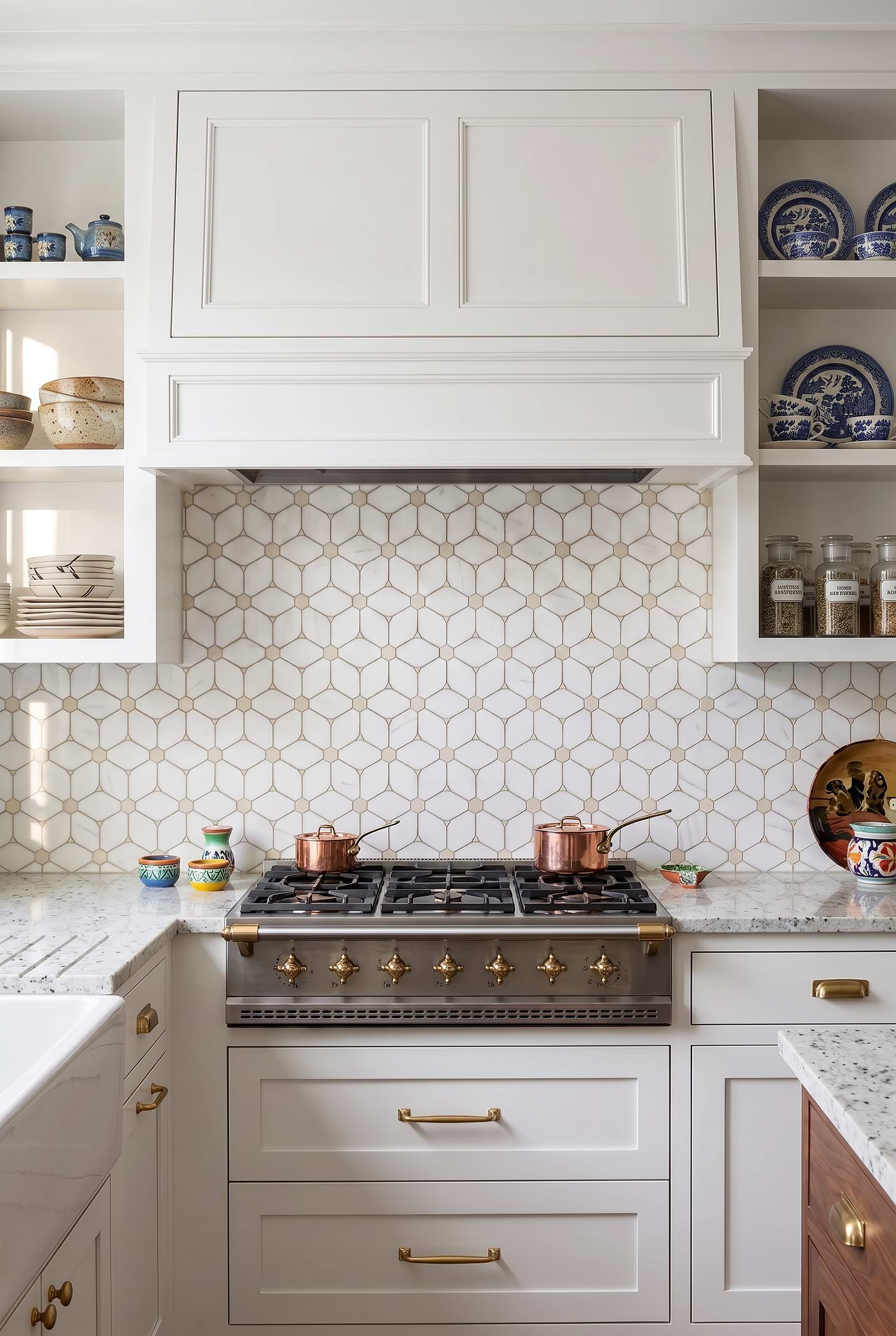 White Beige Geometric Marble Mosaic Kitchen Backsplash BA6310