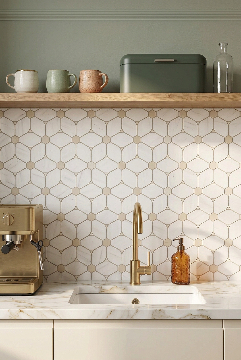 White Beige Marble Geometric Flower Mosaic Backsplash Tile BA6310