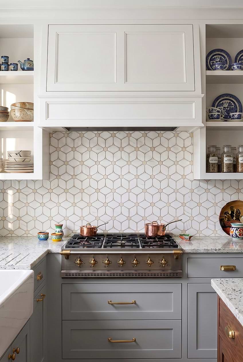 White Beige Marble Geometric Mosaic Backsplash BA6310