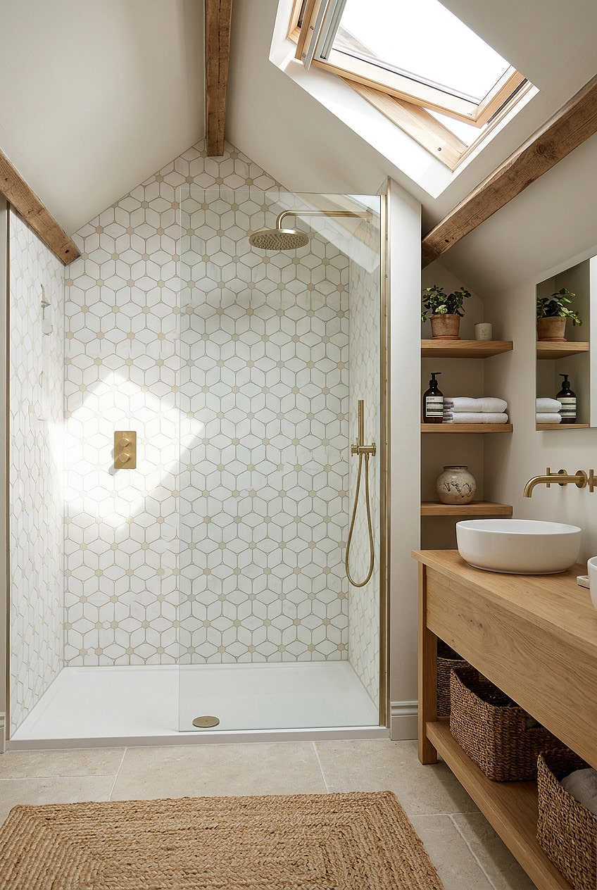 White Beige Marble Geometric Shower Mosaic Tile BA6310