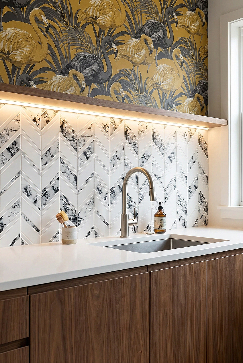 White Black Marble Look Chevron Glass Tile BA5506