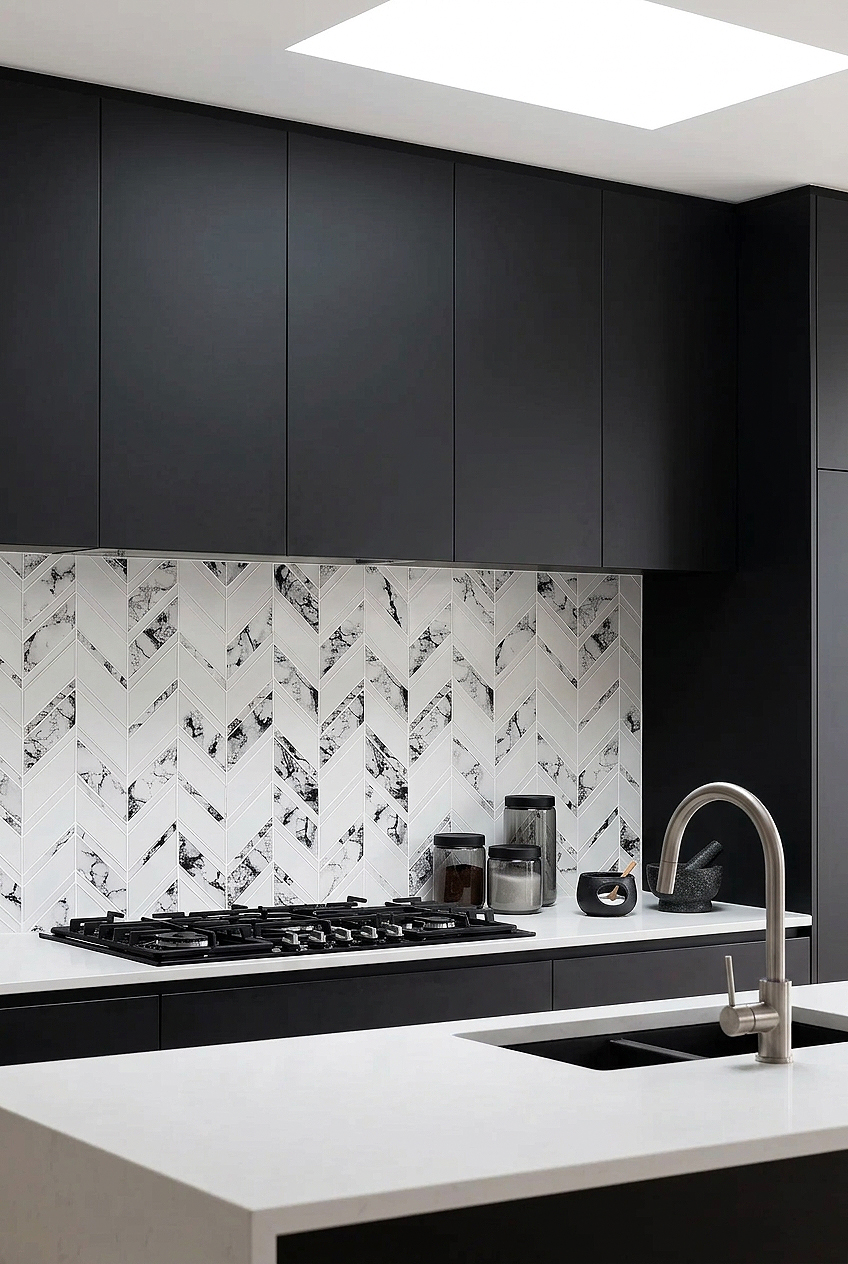 White Black Marble Look Glass Chevron Backsplash BA5506