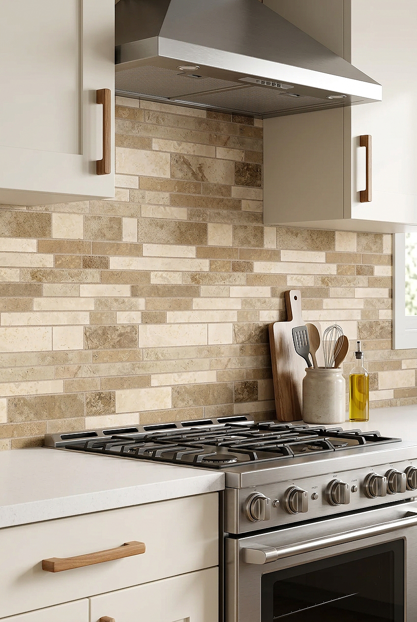 White Cabinets with Beige Brown Travertine Subway Mosaic Tile BA1024