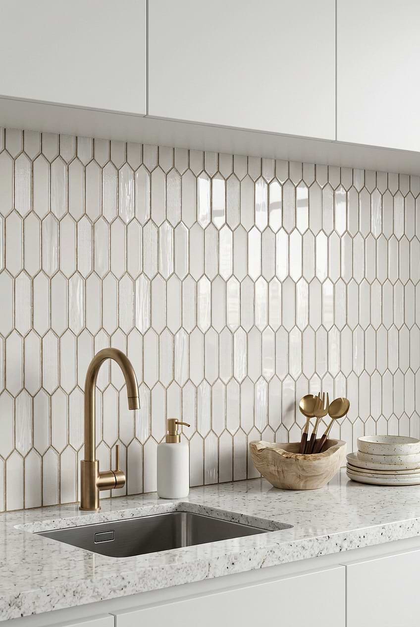 White Cabinets with Granite Countertops and Pearl Picket Glass Tile BA6701
