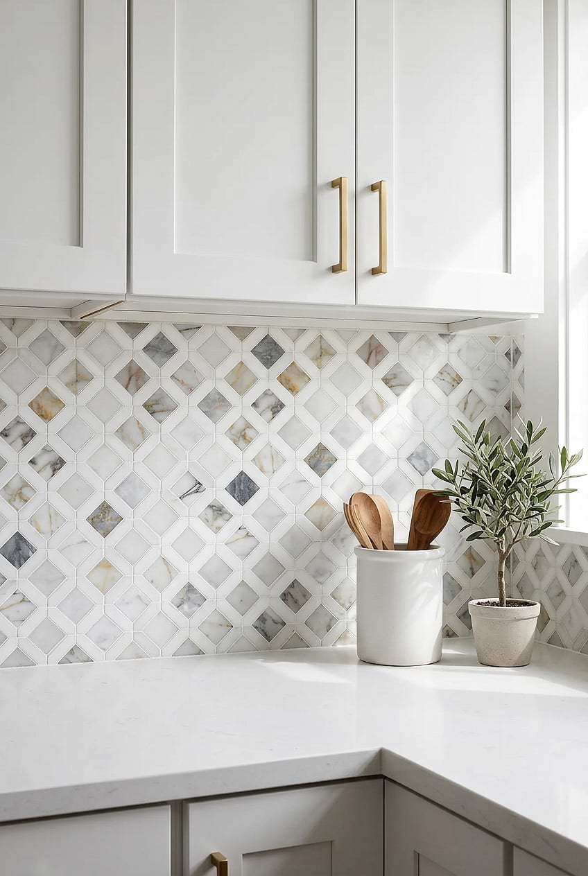 White Cabinets with Multicolor Marble Diamond Mosaic Tile BA6313