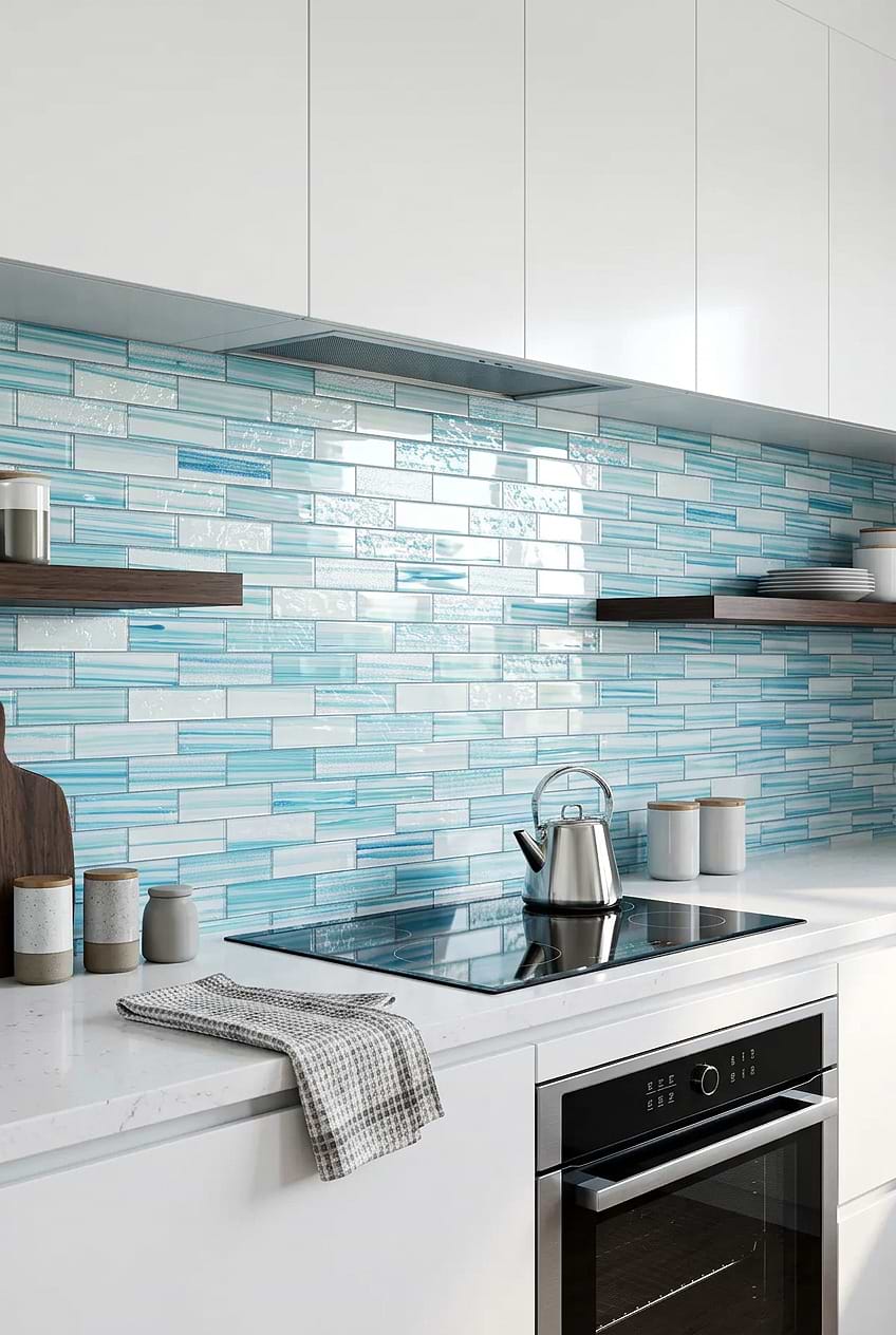 White Cabinets with Ocean Wave Blue Glass Subway Tile BA5563