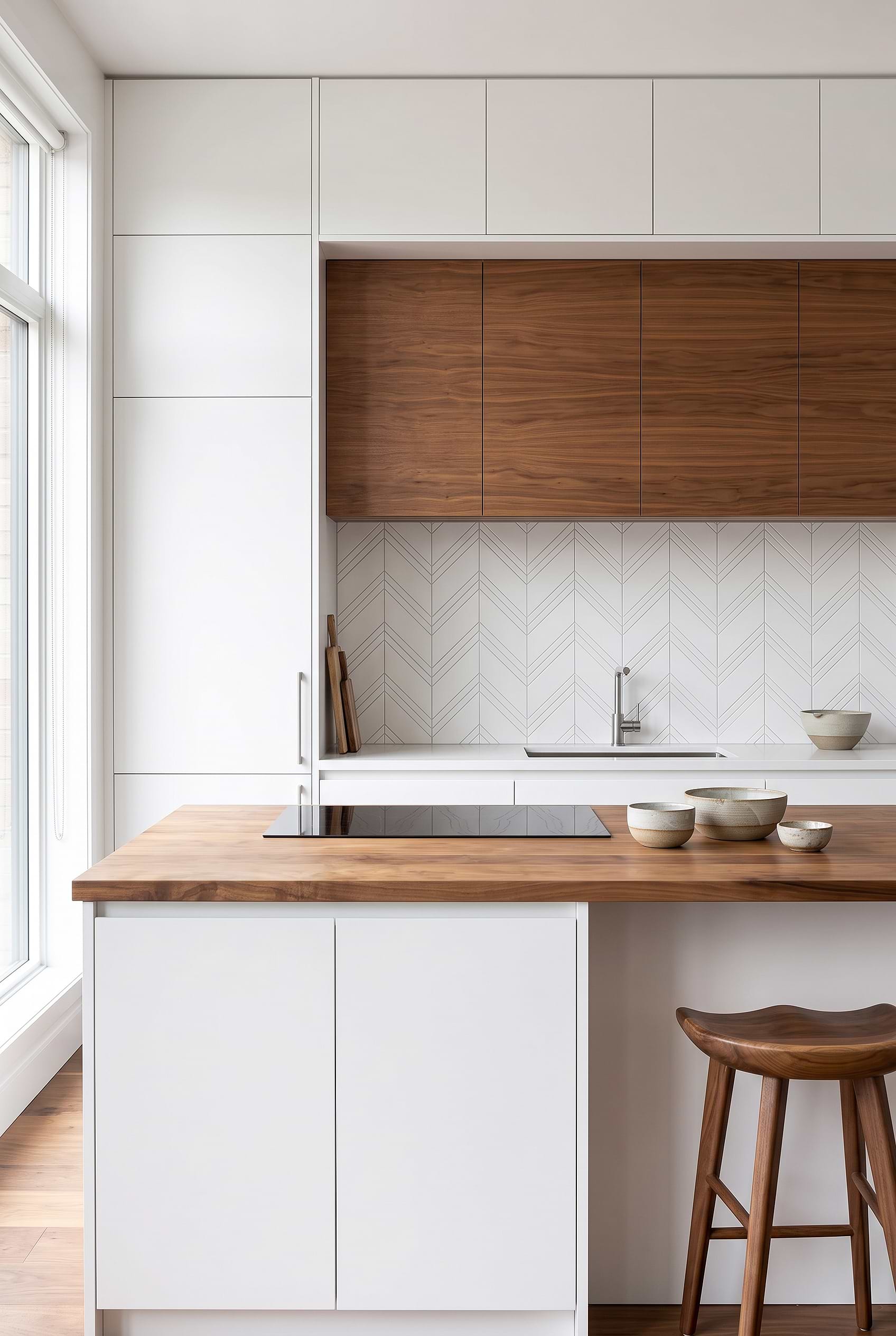 White Chevron Marble Backsplash Walnut Cabinets BA6301