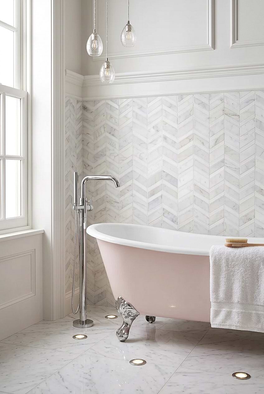 White Chevron Marble Bathtub Wall Tile BA6311