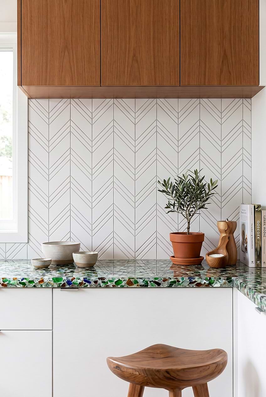 White Chevron Marble Kitchen Backsplash BA6301
