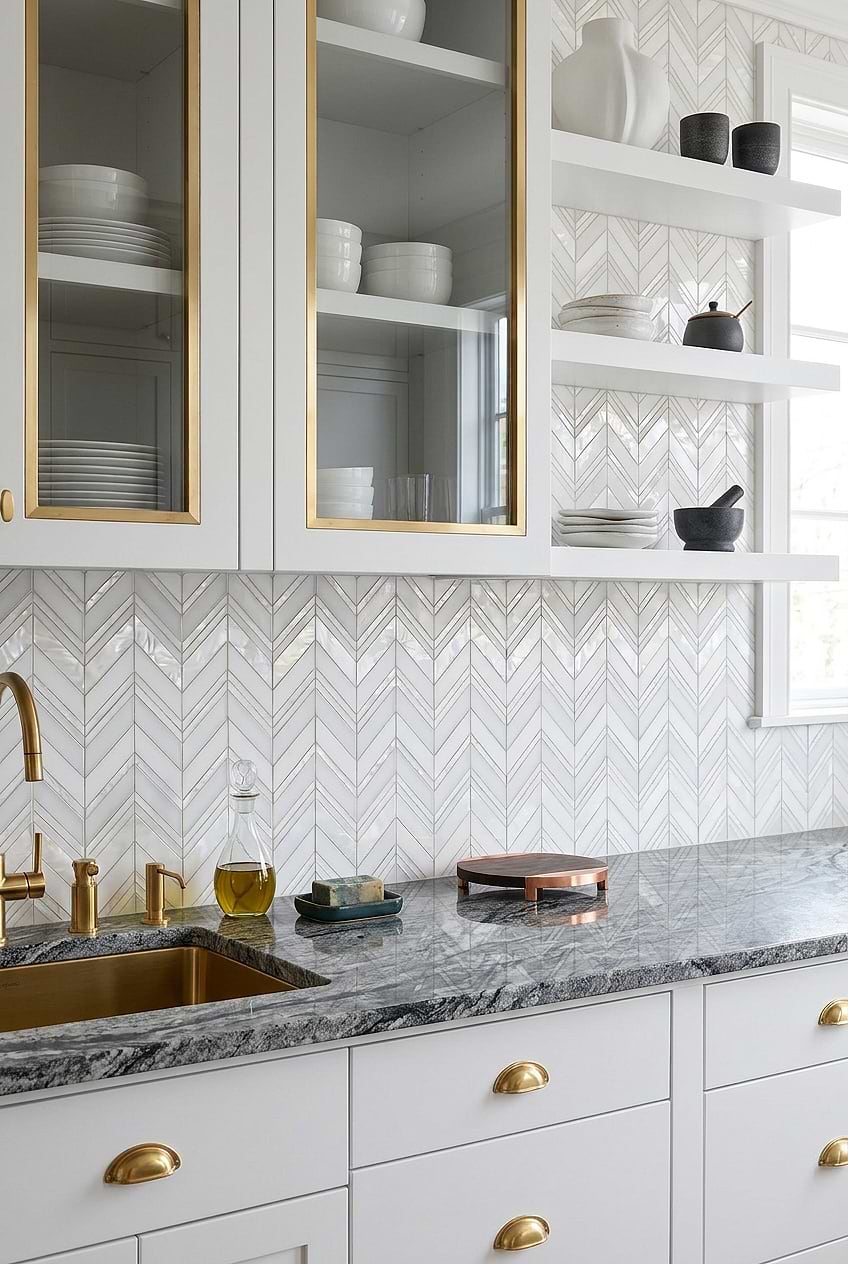 White Chevron Pearl Marble Tile Gray Countertop BA8030