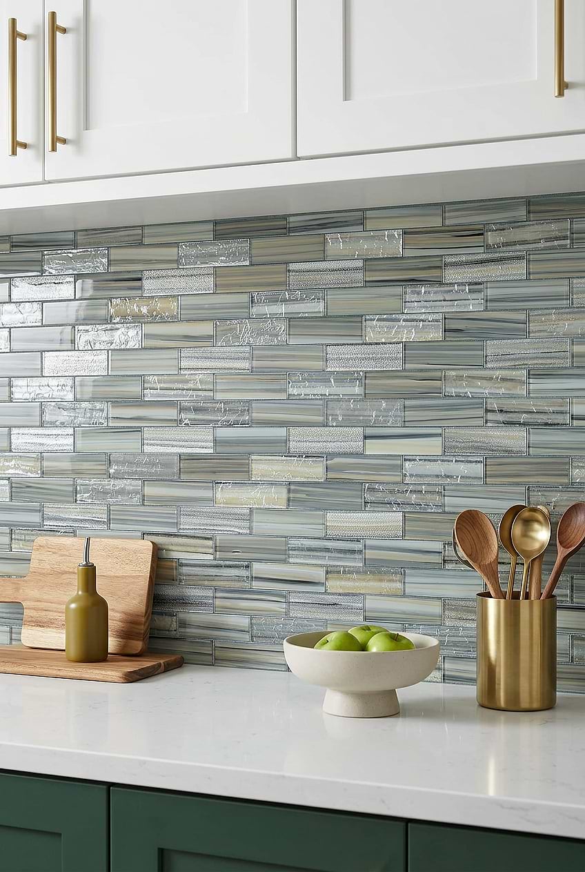 White Countertops with Coastal Gray Blue Glass Subway Tile BA5565