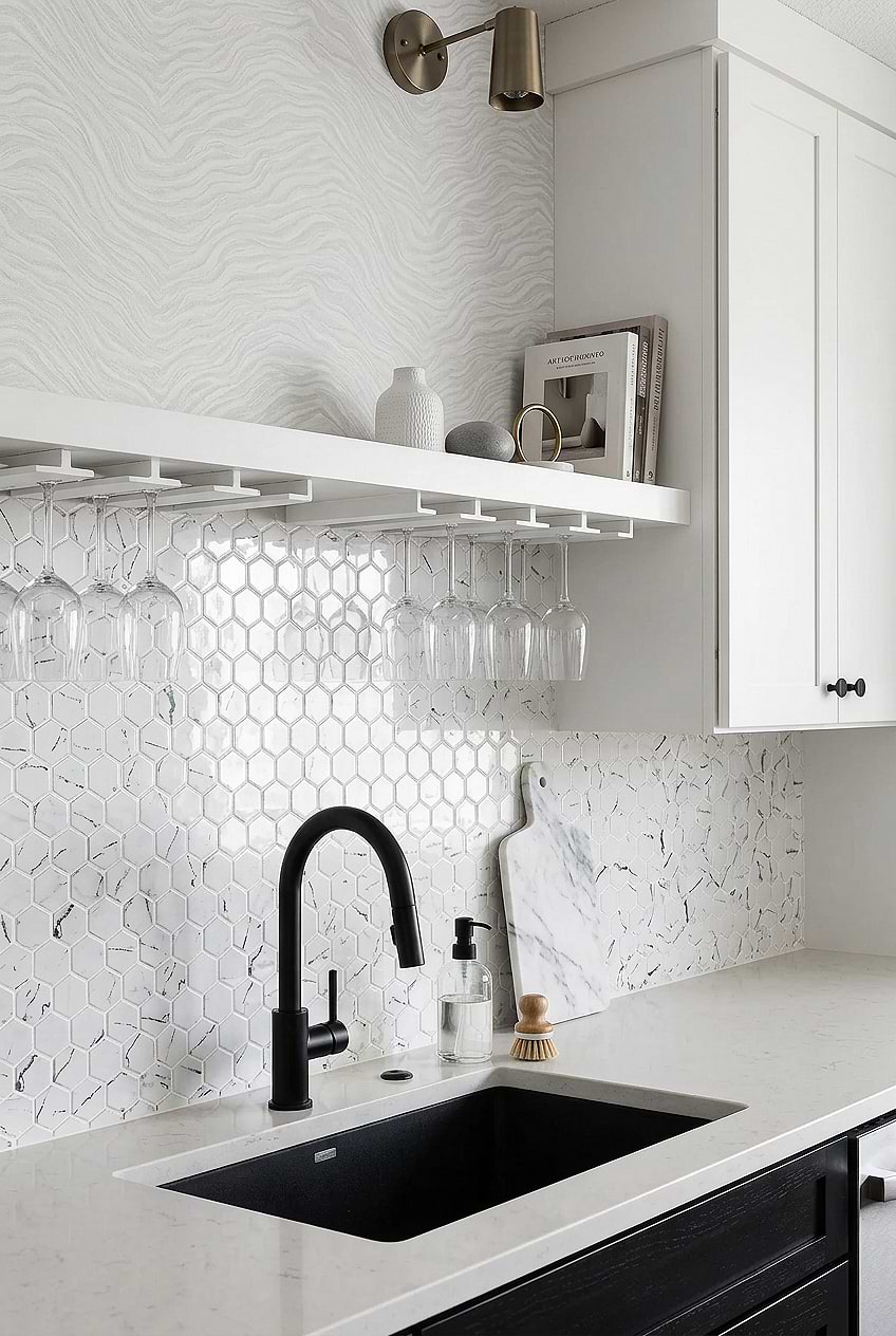 White Countertops with Hexagon Marble Look Glass Mosaic Tile BA5509