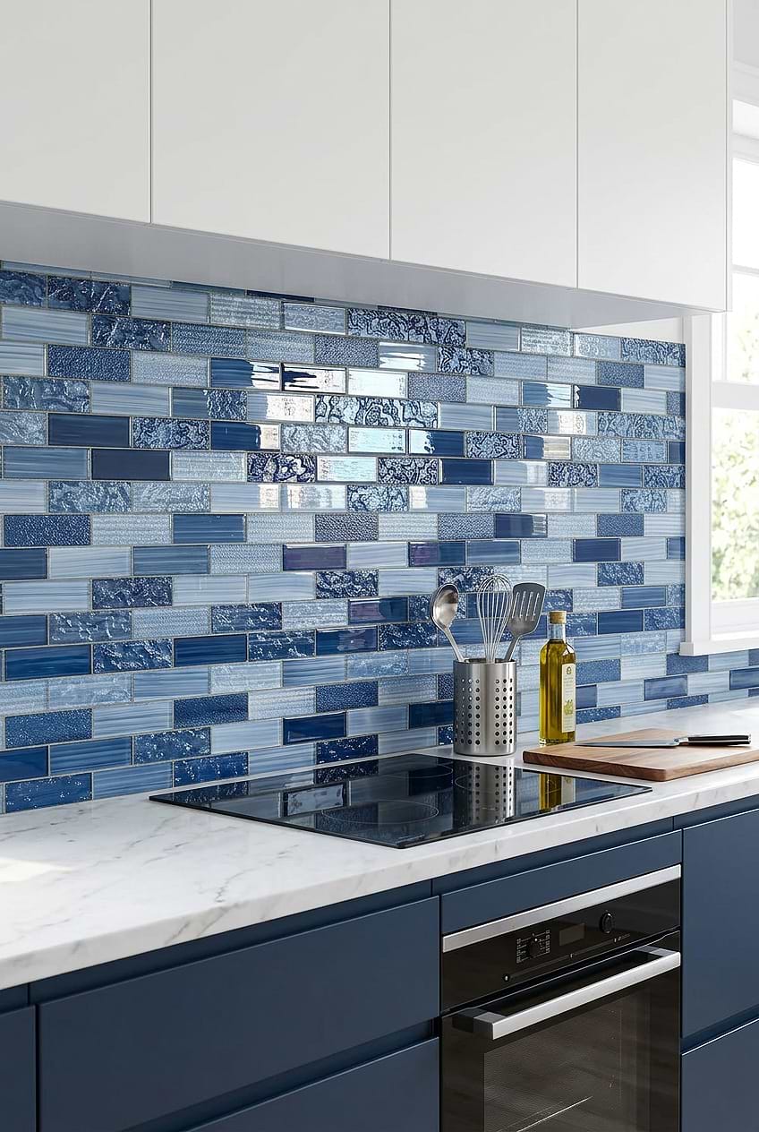 White Countertops with Pacific Blue Glass Subway Mosaic Tile BA5530