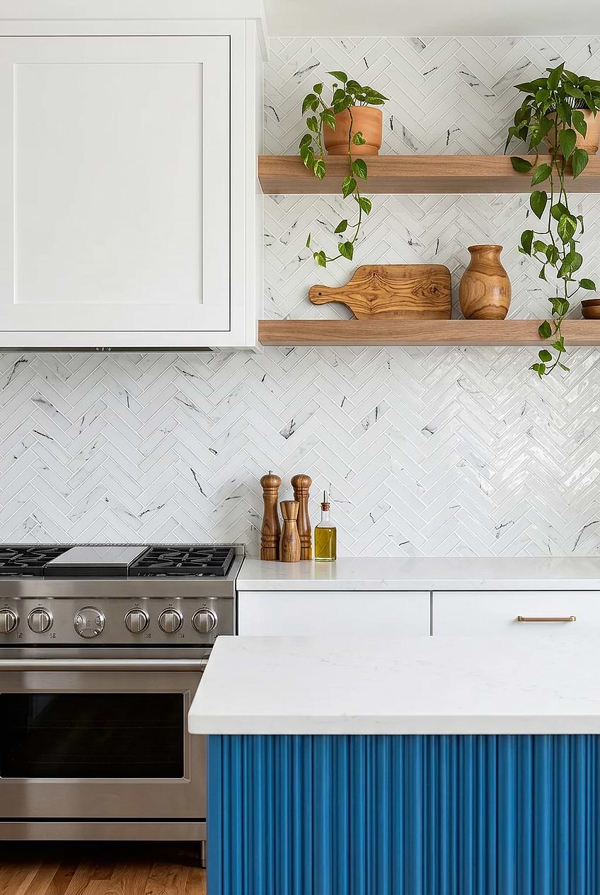 White Glass Herringbone Backsplash Blue Island BA5503