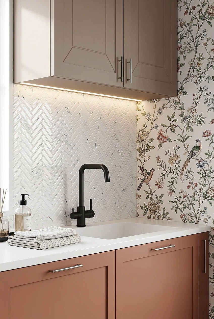 White Glass Herringbone Marble Look Backsplash Tile BA5503