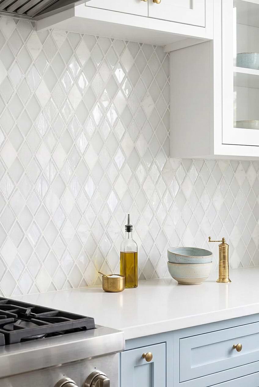 White Glass Marble Rhomboid Mosaic Backsplash BA62046