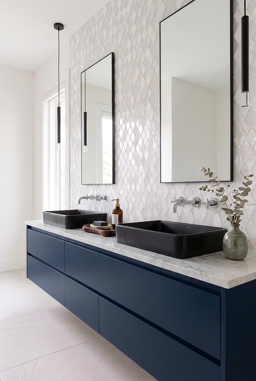 White Glass Marble Rhomboid Mosaic Bathroom Tile BA62046