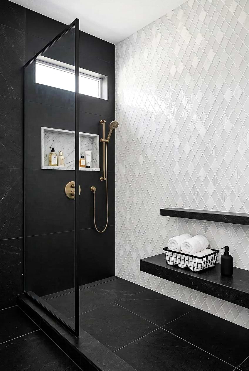 White Glass Marble Rhomboid Shower Tile BA62046