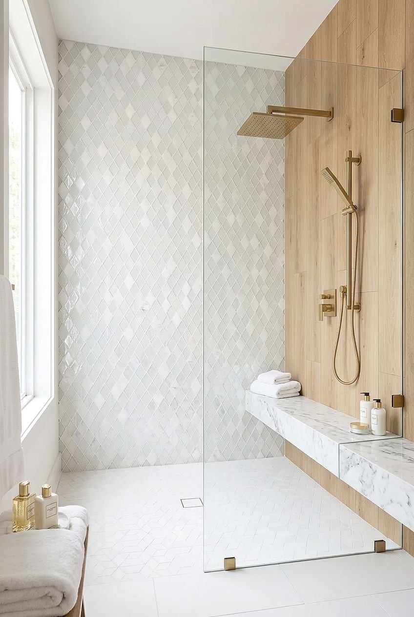 White Glass Marble Rhomboid Shower Wall Tile BA62046 White Glass Marble Rhomboid Shower Wall Tile BA62046