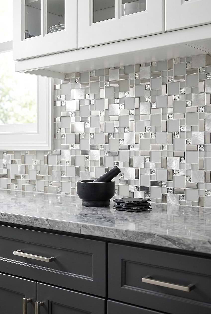 White Glass Metal Geometric Mosaic Backsplash BA1138