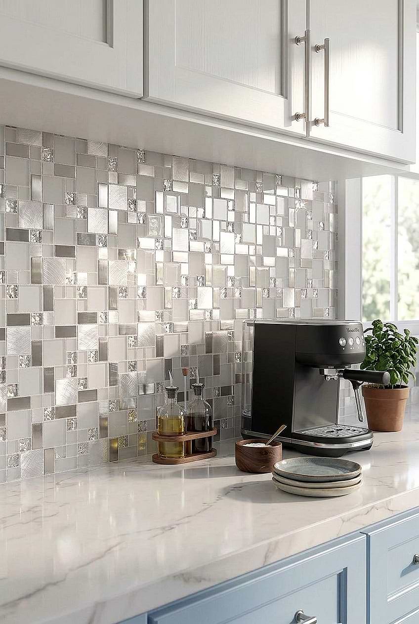 White Glass Metal Geometric Mosaic Backsplash Tile BA1138